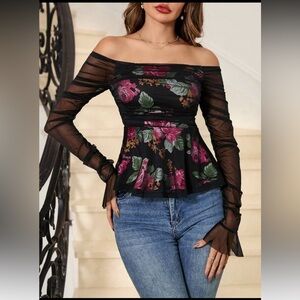 Floral Off-Shoulder black Mesh Top perfect for date nights